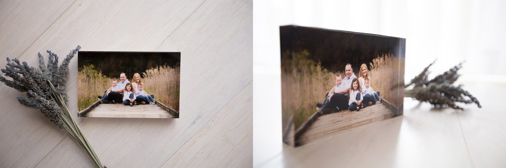 Acrylic tile examples showing images from a family session