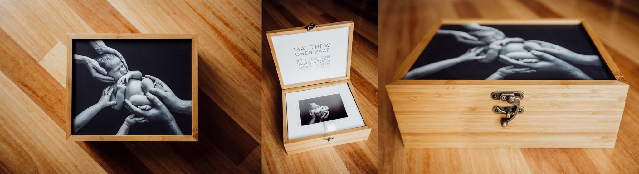 An Heirloom Bamboo Portrait box filled with images from a Newborn session