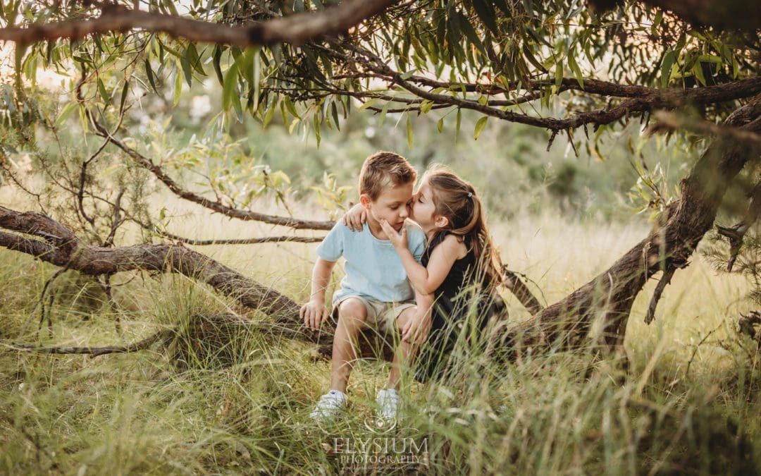 Two children sit on a low tree branch in a grassy field at sunset