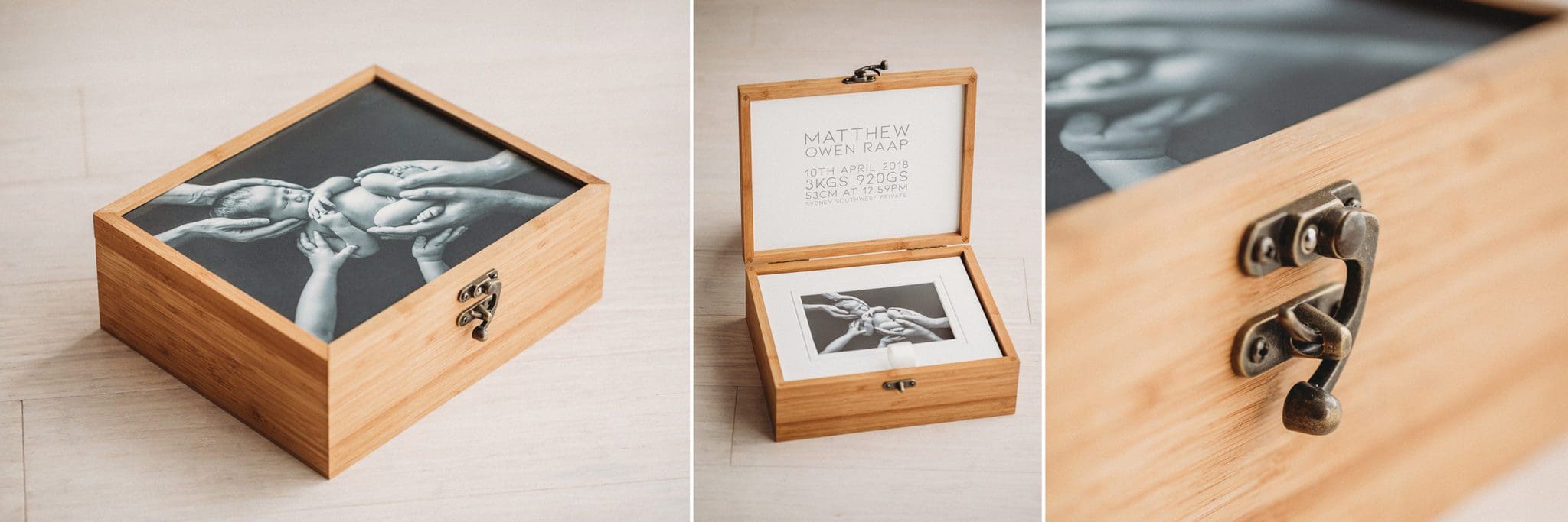 Bamboo portrait box displaying newborn photography