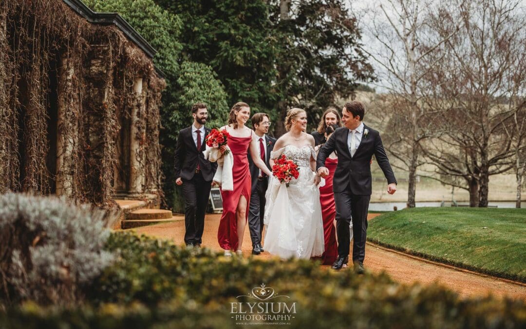 The bridal party walk up the dirt driveway at Bendooley Estate after a wedding