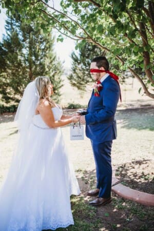 Gledswood Wedding - bride and groom exchange gifts before the ceremony