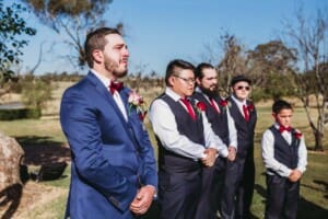 Gledswood Wedding - groom cries as he sees his bride walk down the aisle