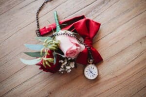 Gledswood Wedding - groom flower, pocket watch and tie details