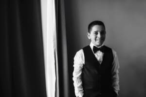 Gledswood Wedding - groomsman portrait in black and white