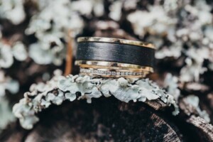 Wedding rings sitting on a tree branch