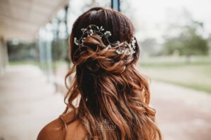 Gledswood Wedding - Detail photograph of a brides hair style and bridal hair accessories