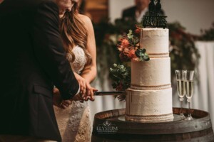 Gledswood Wedding - bride and groom cut into their wedding cake