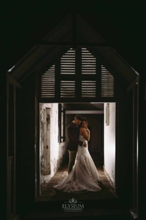Gledswood Wedding - Backlit night photograph of a bride and groom after their Gledswood estate wedding