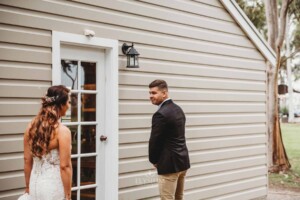 Gledswood Wedding - A groom turns and sees his bride for the first time before the wedding ceremony