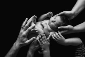 Newborn session - a family place their hands gently around their new baby