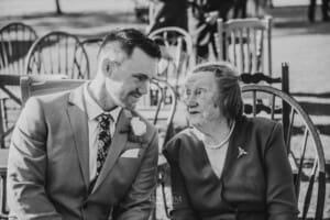 Gledswood Wedding - groom chats to his grandma before the ceremony