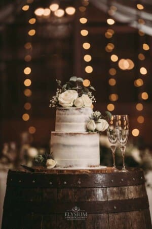 Gledswood wedding - wedding cake set up at the reception venue