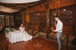 Gledswood wedding - Groom stands at the reception to make his speech