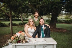 Gledswood Wedding Photo - bride and groom with their marriage celebrant