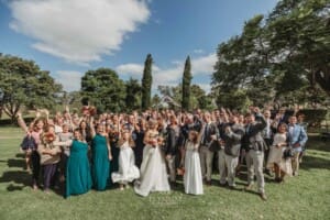 Gledswood Wedding Photo - bride and groom pose for a group shot after the ceremony