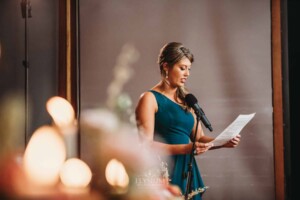 Gledswood Wedding Photo - bridesmaid makes her speech during the reception