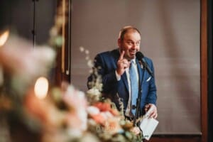 Gledswood Wedding Photo - bride's father makes his speech during the reception
