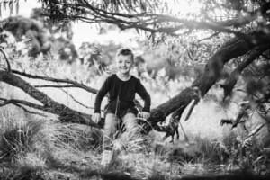 A little boy sits on a low tree branch at sunset