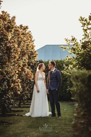 Burnham Grove Wedding - newlyweds hold hands as they walk through the orchard