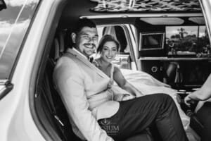 Gledswood Wedding - the bride and groom sit in the wedding car before going to the reception