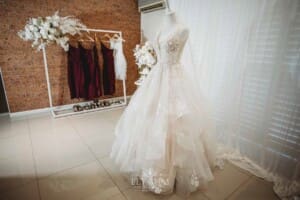 Gledswood Wedding - bridal gown displayed on a stand