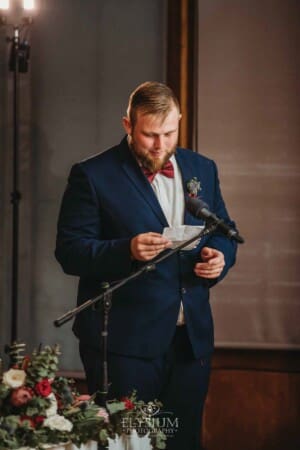 Gledswood Wedding - a groomsman makes his speech during the reception