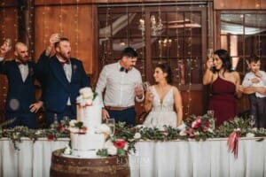 Gledswood Wedding - guests make a toast as the newlyweds stand at the bridal table