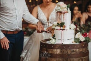 Gledswood Wedding - a bride and groom cut the wedding cake at the reception