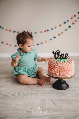 Baby Cake smash Photography: baby touches her birthday cake icing