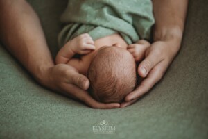 Newborn Photography: a fathers hands hold his baby boy's tiny head
