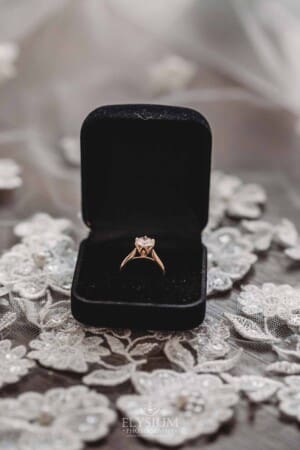 Sydney Wedding - a brides engagement ring in a black box sits on her veil