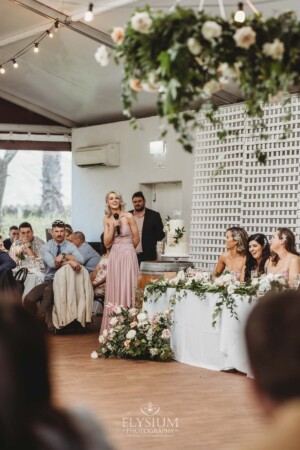 A bridesmaid makes her wedding speech during the reception