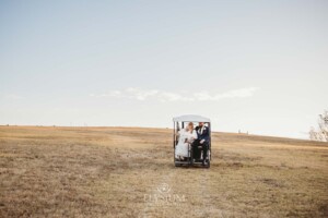 Newlyweds ride up the hill at Ottimo House in a buggy for photos