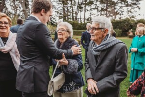 Wedding guests congratulate the happy couple after their ceremony at Bendooley