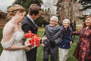 Wedding guests congratulate the happy couple after their ceremony at Bendooley