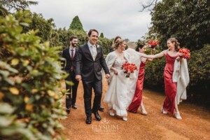 The bridal party walk up the dirt driveway at Bendooley Estate after a wedding