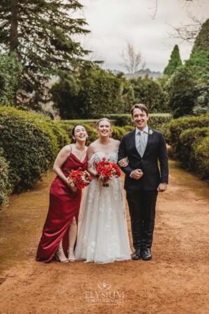 The bridal party pose for pictures on the dirt driveway at Bendooley Estate after a wedding