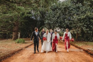 The bridal party walk up the dirt driveway at Bendooley Estate after a wedding