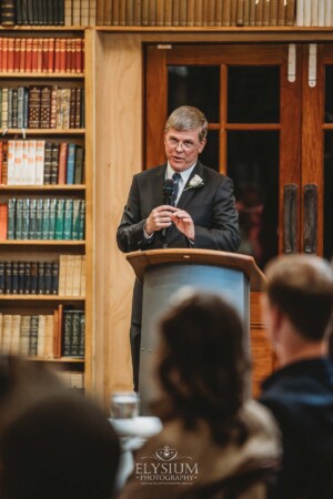 The father of the bride shares his wedding speech during the reception at Bendooley