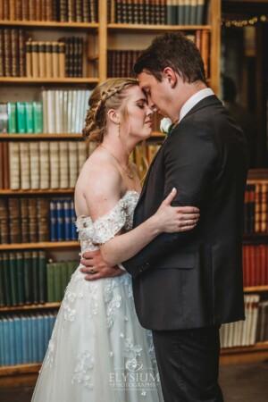 A bride and groom share their first dance during their Bendooley wedding reception