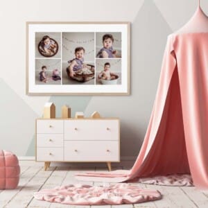 A frame hangs in a baby's playroom displaying 5 photos