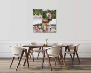 A wall art collection displaying family photos hangs in a dining room