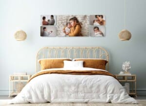 A wall art collection displaying newborn photos hangs above a bed in a room